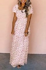 White Frill Neckline Shirred Bodice Floral Maxi Dress - Femstylo