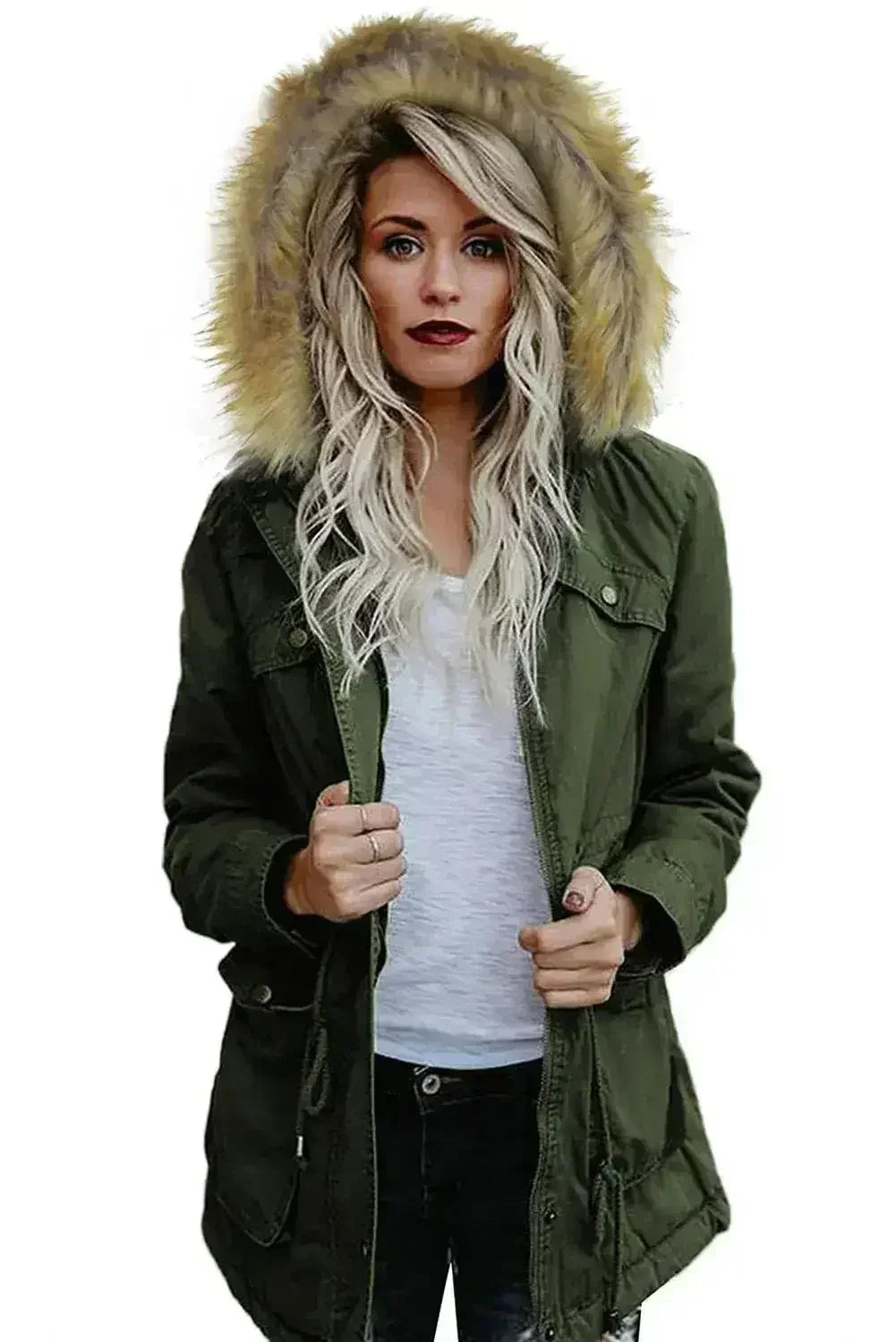 Zipper Snaps Pocket Plush Hooded Parka Jacket - Femstylo