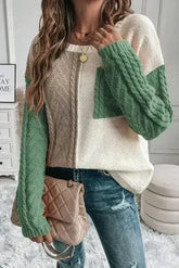 Color Block Round Neck Long Sleeve Sweater - Femstylo