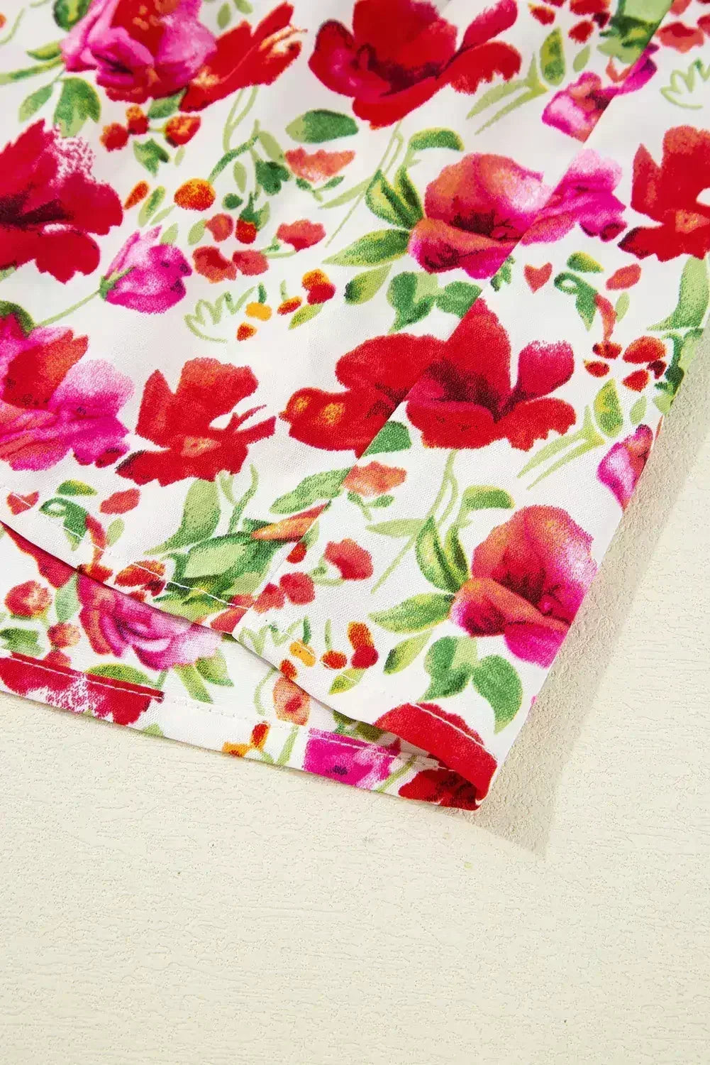 Red Floral Puff Sleeve Tiered Ric Rac Pocketed Mini Dress - Femstylo