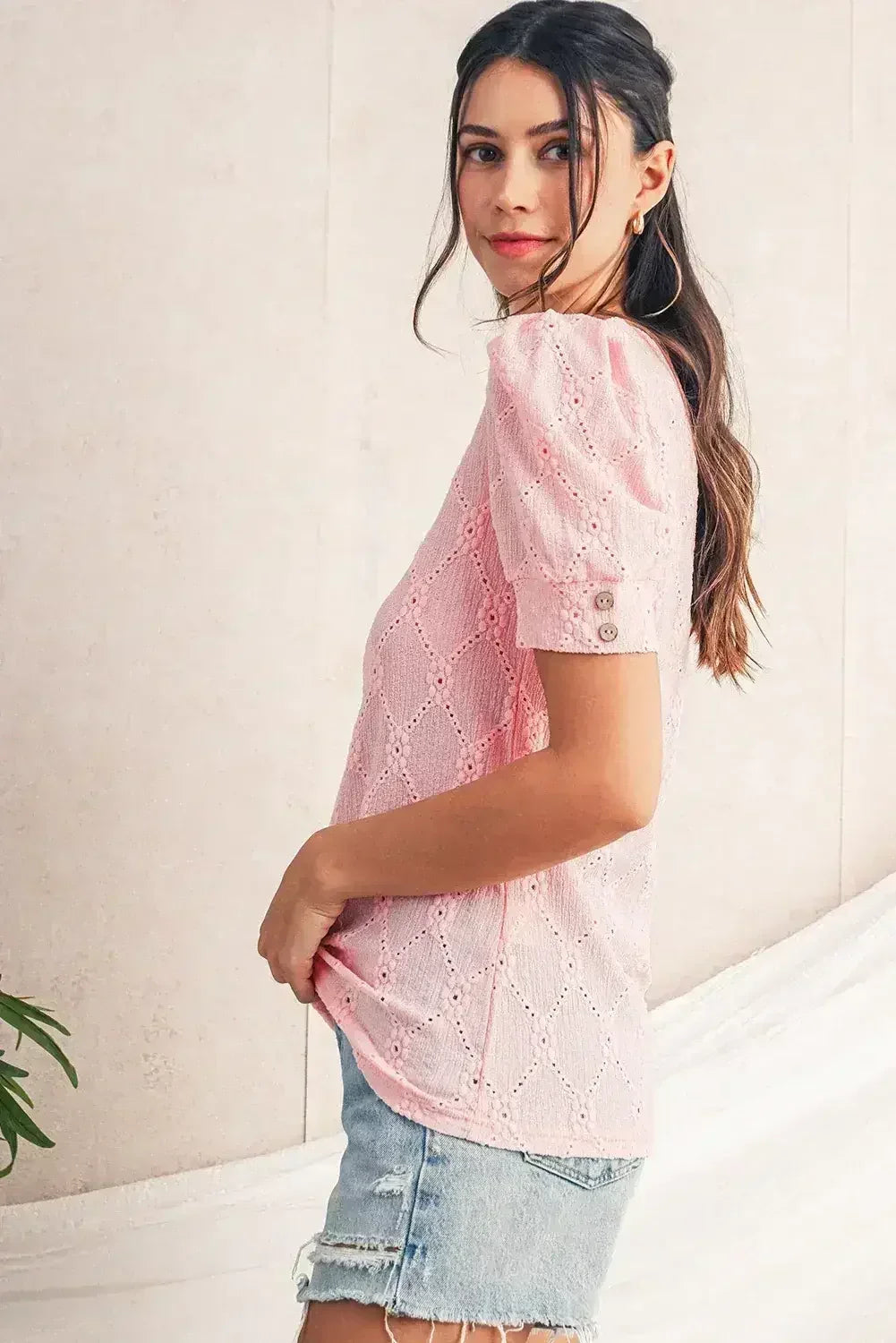 White Embroidered Floral Geometric Button Short Sleeve Top | Femstylo - Femstylo