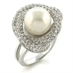 9W005 - Rhodium Brass Ring with Synthetic Pearl in White - Femstylo