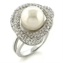9W005 - Rhodium Brass Ring with Synthetic Pearl in White - Femstylo