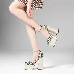 Leather Super Heels Platform Banquet High Heels Colorblock Chunky Heel - Femstylo