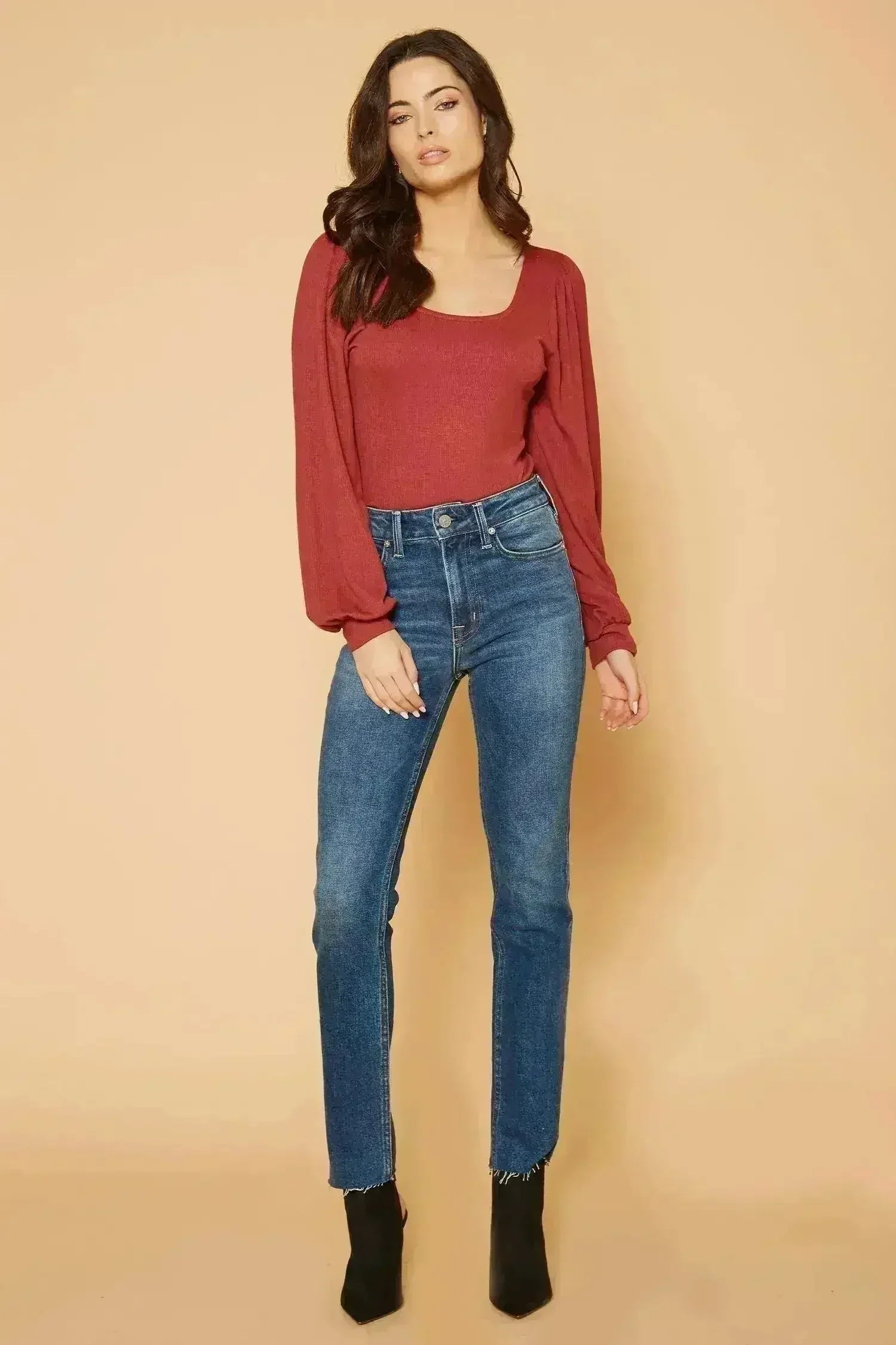 Women's Square Neck Puff Long Sleeve Bodysuit in Brick - Femstylo