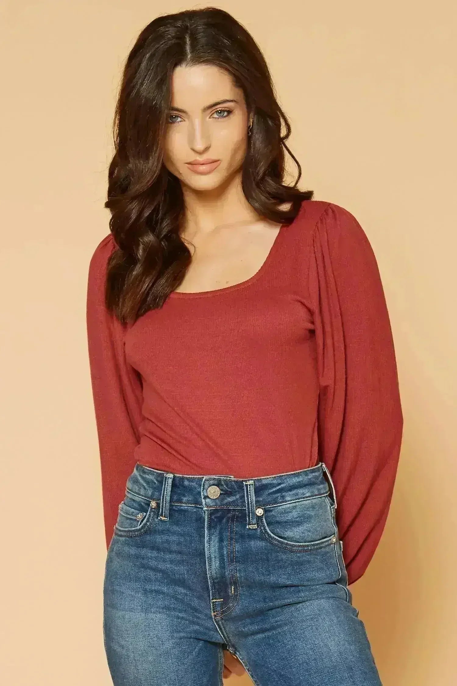 Women's Square Neck Puff Long Sleeve Bodysuit in Brick - Femstylo