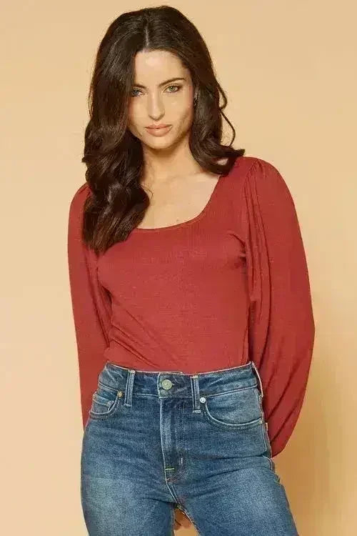 Women's Square Neck Puff Long Sleeve Bodysuit in Brick - Femstylo