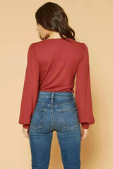 Women's Square Neck Puff Long Sleeve Bodysuit in Brick - Femstylo