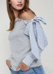 Open Shoulder Tie Sleeve Top In Heather Grey - Femstylo