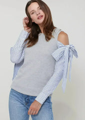 Open Shoulder Tie Sleeve Top In Heather Grey - Femstylo