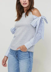 Open Shoulder Tie Sleeve Top In Heather Grey - Femstylo
