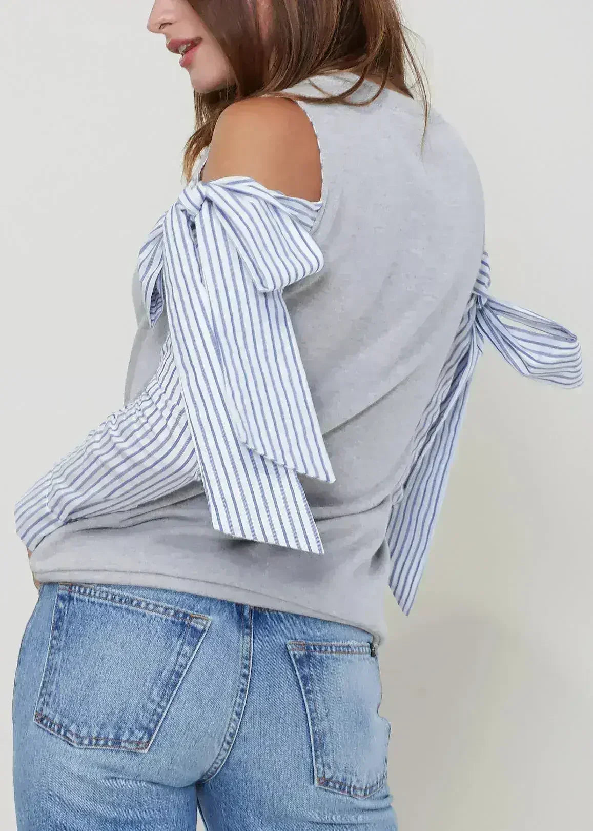 Open Shoulder Tie Sleeve Top In Heather Grey - Femstylo