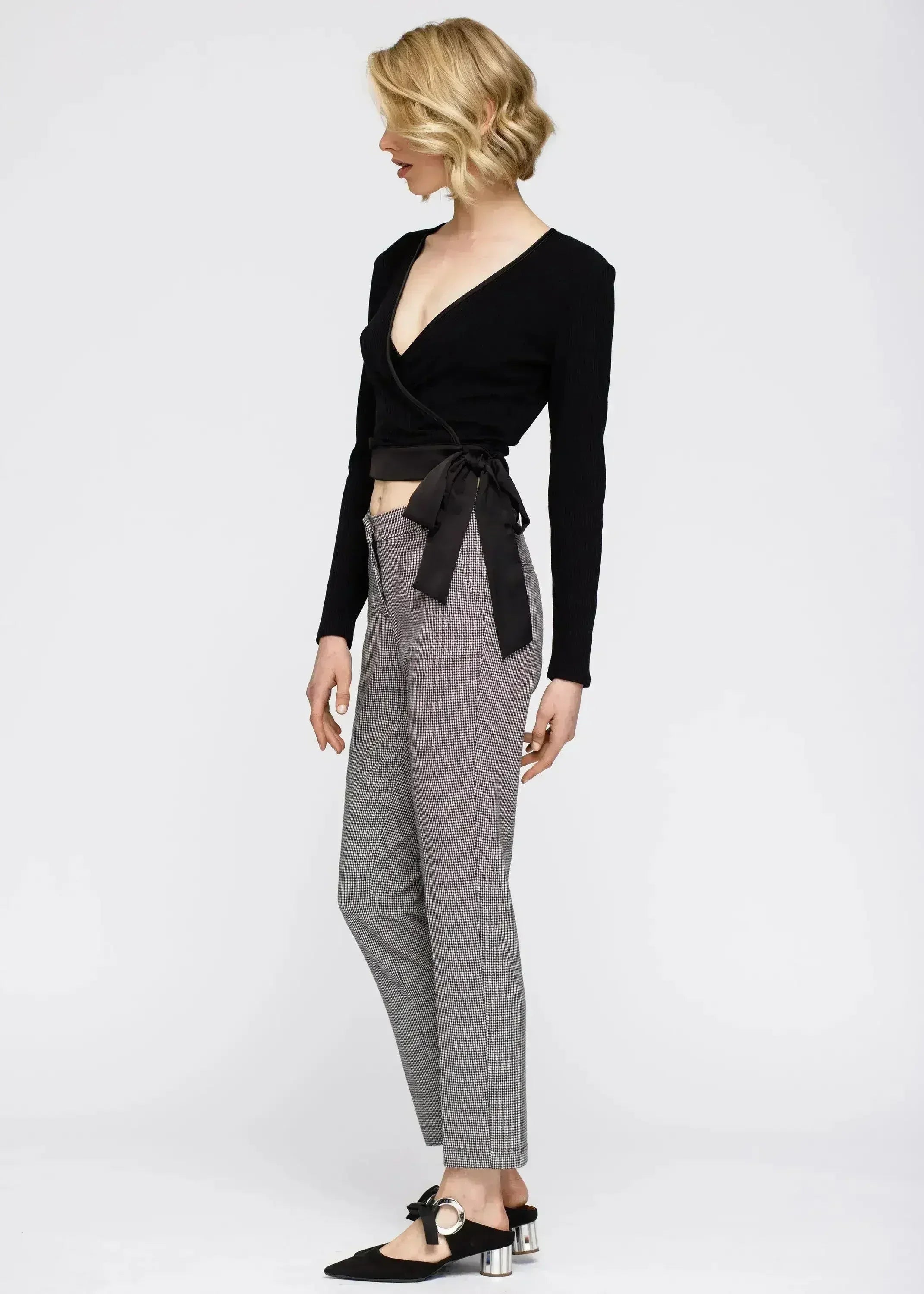 Women's Wrap Front Tie Ribbed Crop Knit Top In Black - Femstylo