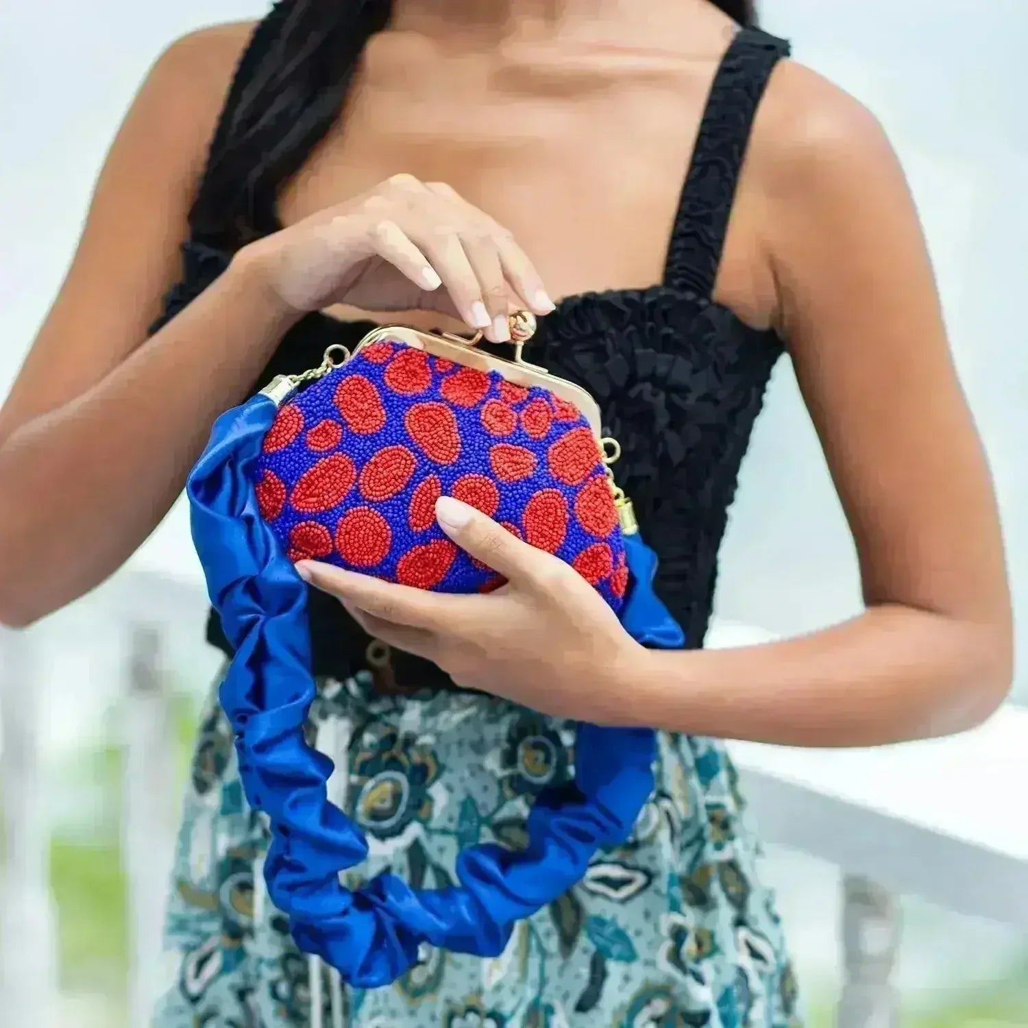 ARNOLDI Mandy Hand-beaded Clutch, in Savoy Blue & Red - Femstylo