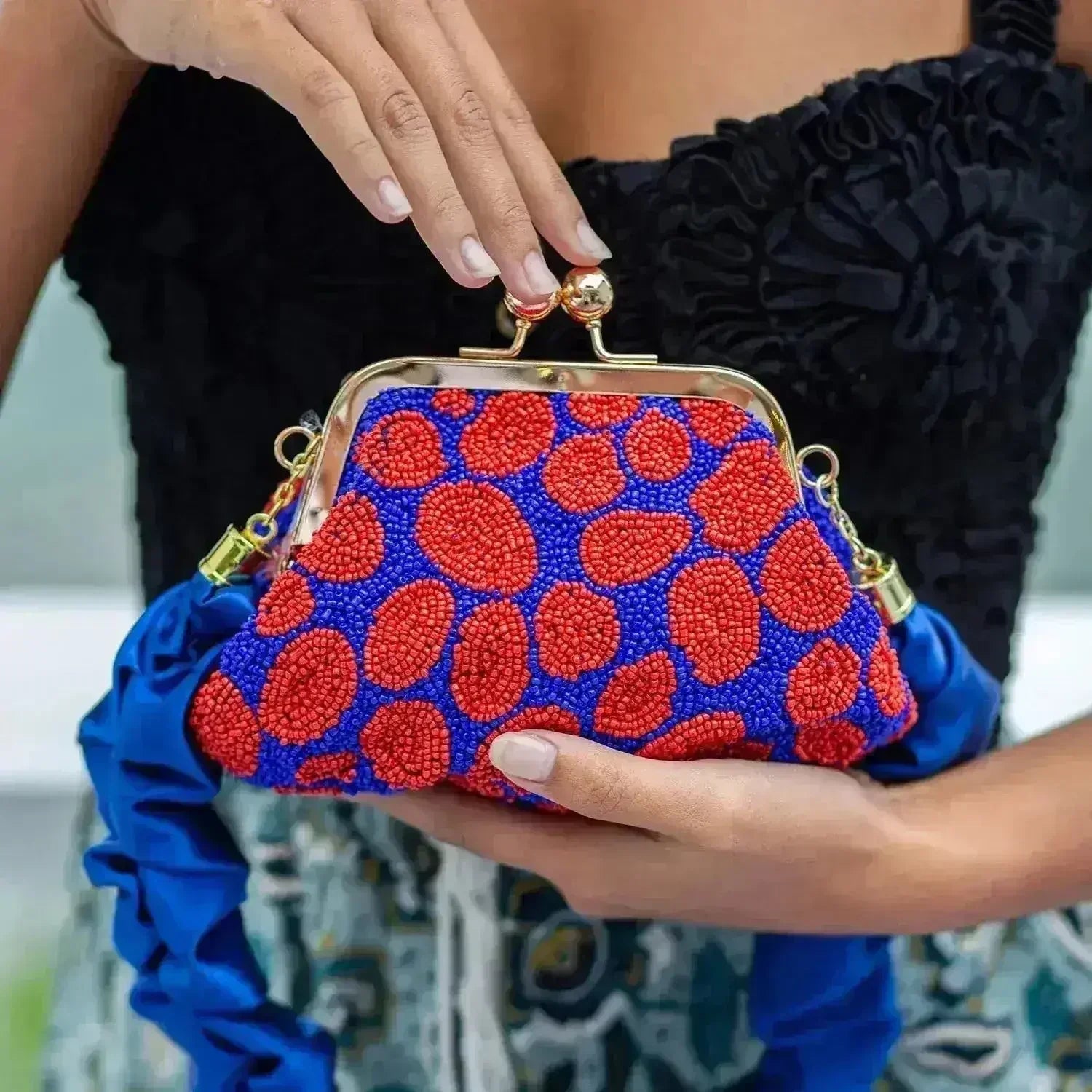 ARNOLDI Mandy Hand-beaded Clutch, in Savoy Blue & Red - Femstylo