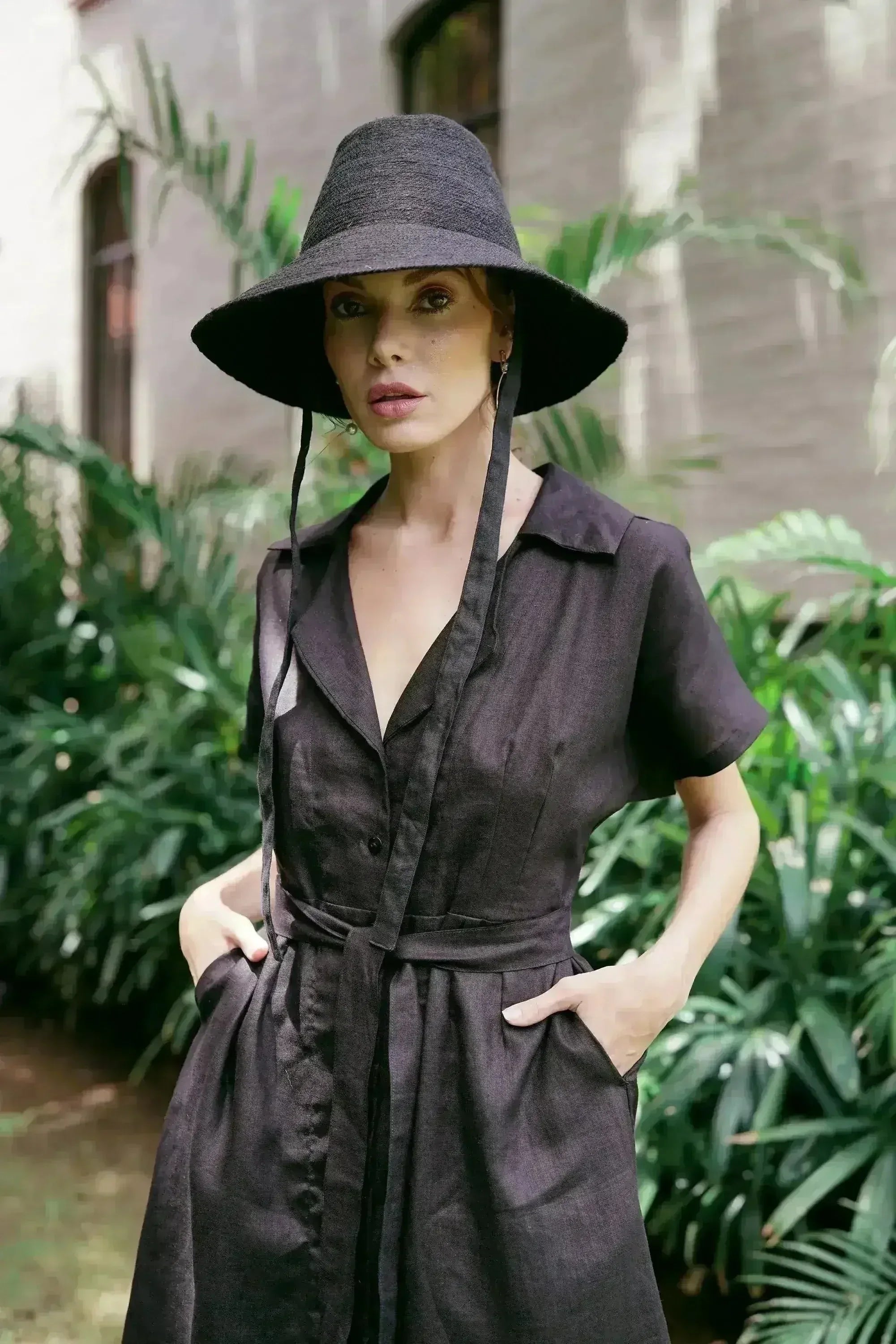 ARYA Safari Linen Midi Dress, in Black - Femstylo
