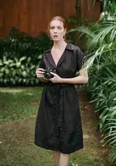 ARYA Safari Linen Midi Dress, in Black - Femstylo