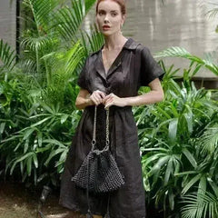 ARYA Safari Linen Midi Dress, in Black - Femstylo