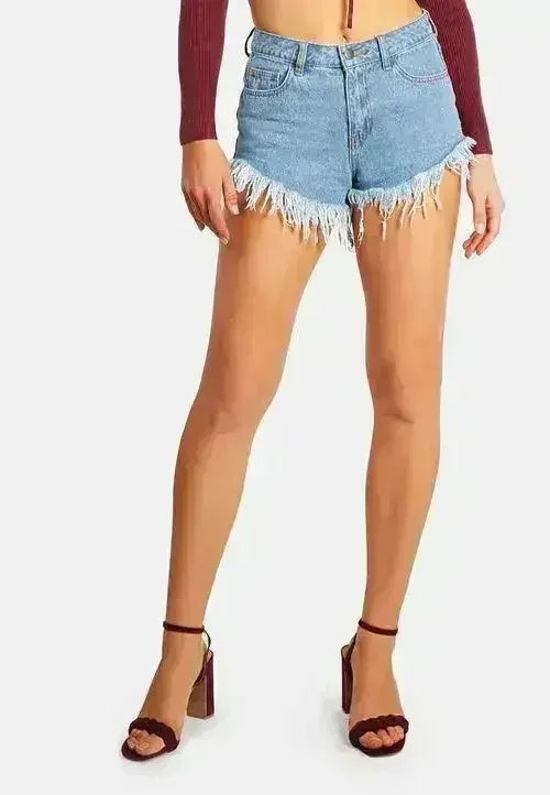 Destroyed Hem Rhinestone Patch Denim Shorts - Femstylo