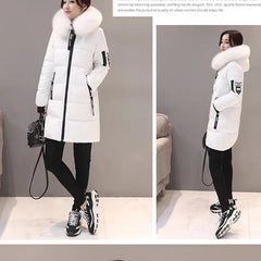 Women Winter Fur Collar Hooded Parka Fashion Letter Patch Zipper Pockets Design Long Jacket Elegant Slim Warm Thick Female Coats