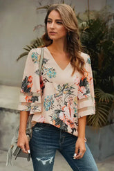 Apricot 3/4 Flared Sleeve Floral Chiffon Blouse – Stylish & Breathable - Femstylo