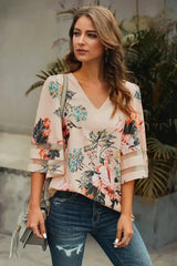 Apricot 3/4 Flared Sleeve Floral Chiffon Blouse – Stylish & Breathable - Femstylo
