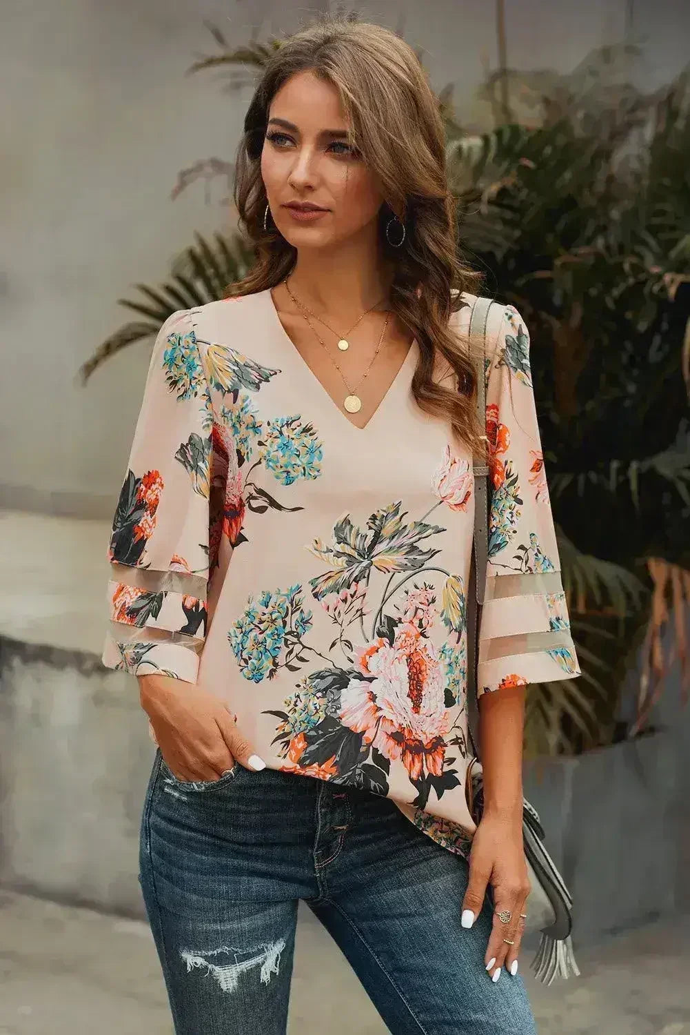 Apricot 3/4 Flared Sleeve Floral Chiffon Blouse – Stylish & Breathable - Femstylo