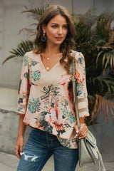 Apricot 3/4 Flared Sleeve Floral Chiffon Blouse – Stylish & Breathable - Femstylo