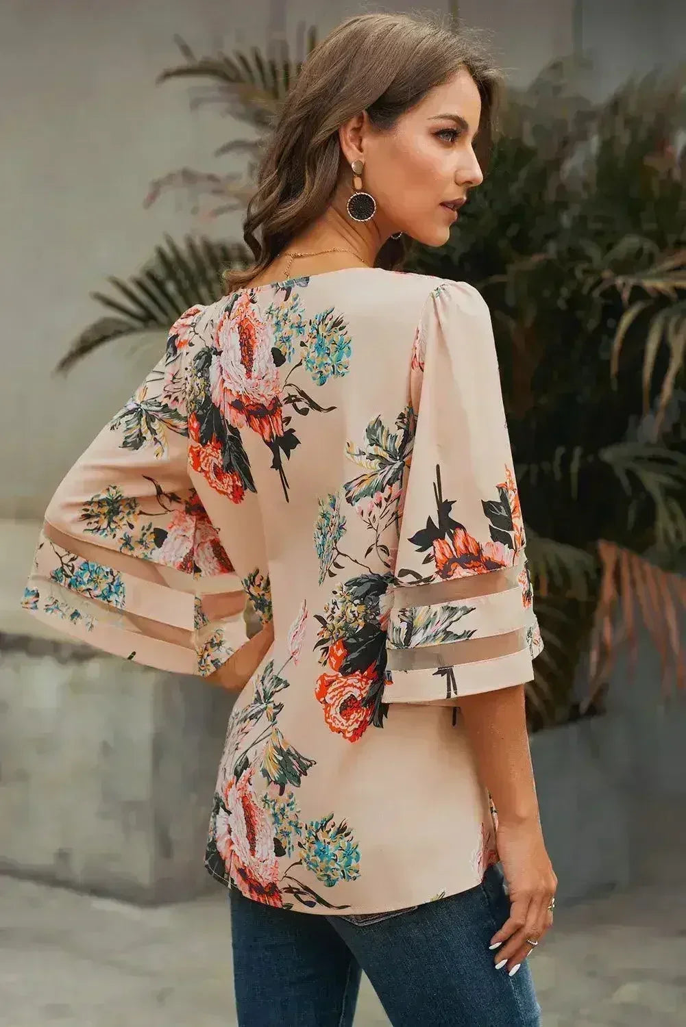 Apricot 3/4 Flared Sleeve Floral Chiffon Blouse – Stylish & Breathable - Femstylo