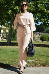 Casual Apricot Jumpsuit with 3/4 Sleeves and Tie Sash - Femstylo