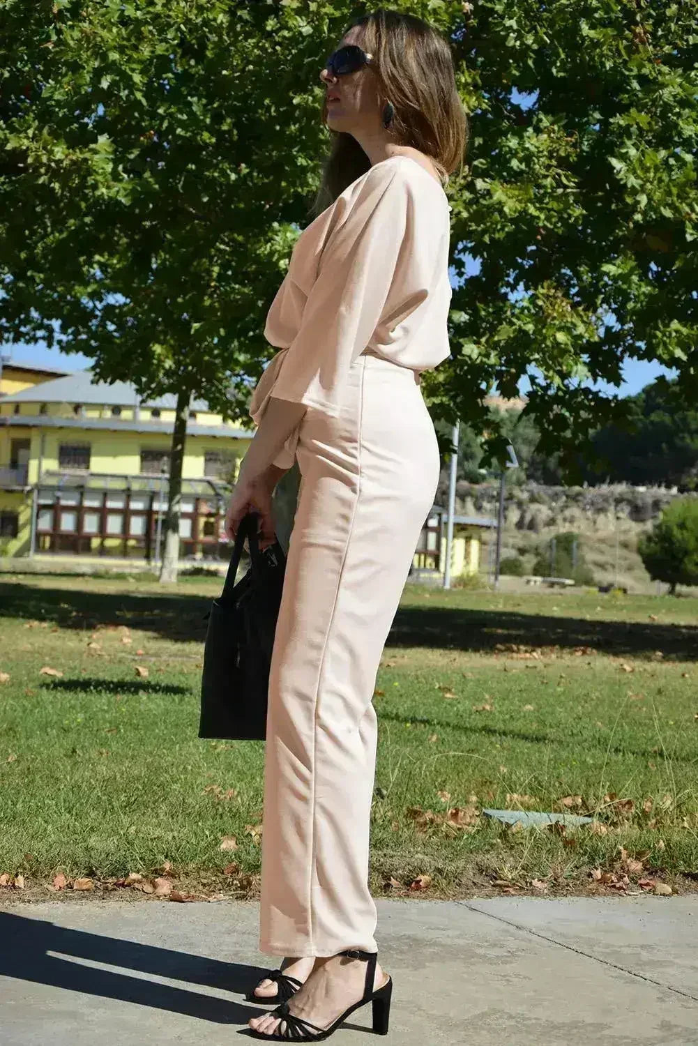 Casual Apricot Jumpsuit with 3/4 Sleeves and Tie Sash - Femstylo