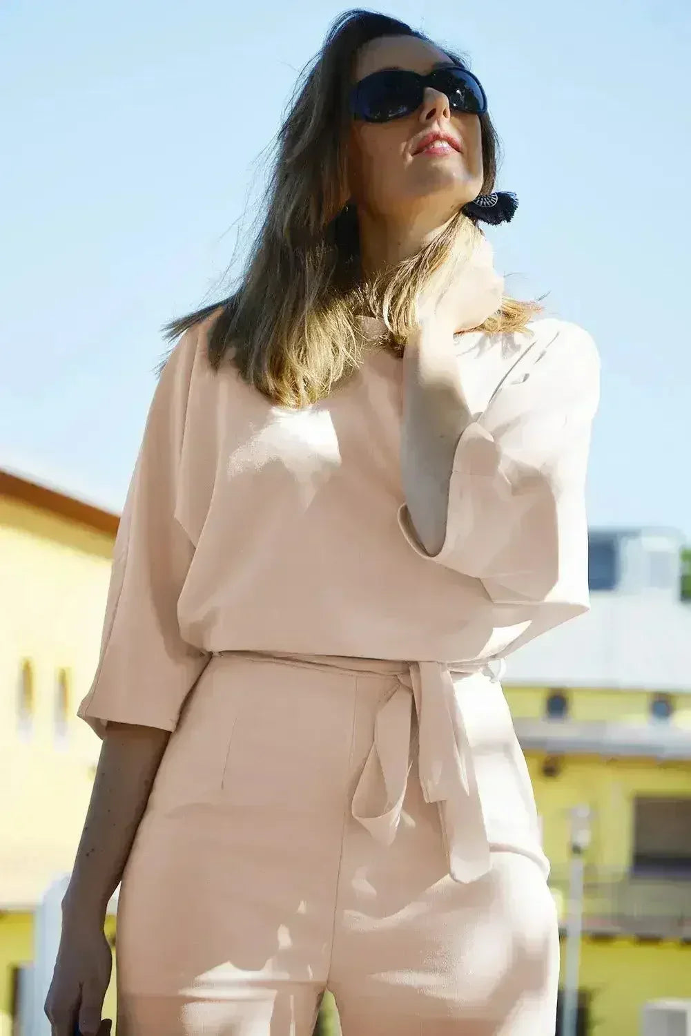 Casual Apricot Jumpsuit with 3/4 Sleeves and Tie Sash - Femstylo