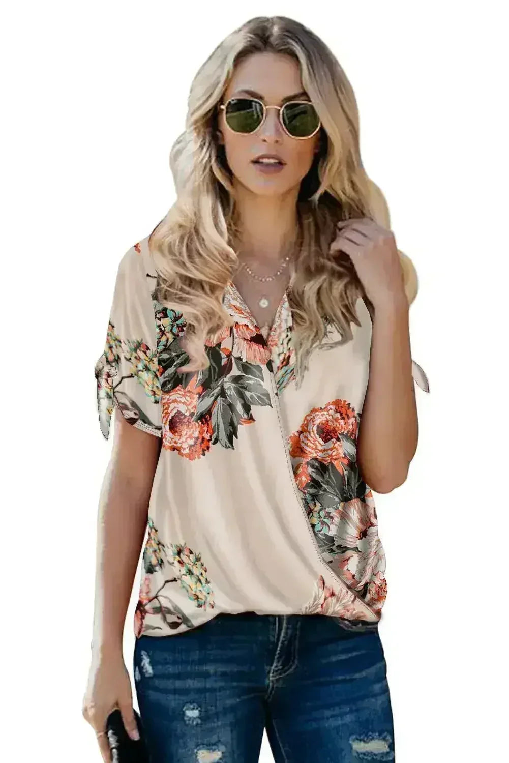 Apricot Floral Twist Short Sleeve Blouse Women’s Top | Femstylo - Femstylo