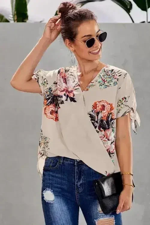Apricot Floral Twist Short Sleeve Blouse Women’s Top | Femstylo - Femstylo