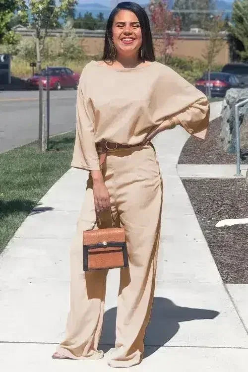 Casual Apricot Jumpsuit with 3/4 Sleeves and Tie Sash - Femstylo