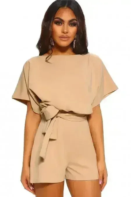 Apricot Short Sleeve Over The Top Belted Playsuit - Femstylo