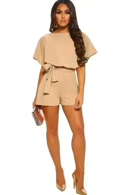 Apricot Short Sleeve Over The Top Belted Playsuit - Femstylo