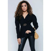 Black Puff Shoulder Back Knot Belted Blouse - Femstylo