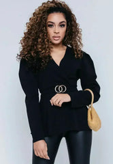 Black Puff Shoulder Back Knot Belted Blouse - Femstylo