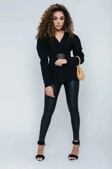 Black Puff Shoulder Back Knot Belted Blouse - Femstylo