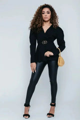 Black Puff Shoulder Back Knot Belted Blouse - Femstylo
