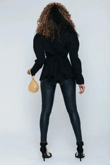 Black Puff Shoulder Back Knot Belted Blouse - Femstylo