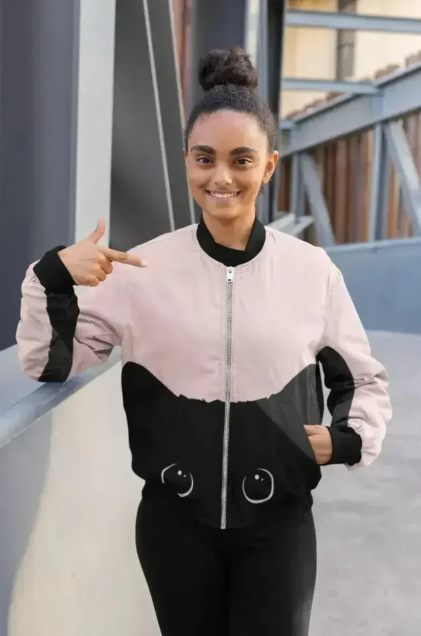 Black Cat on Pink Background Bomber Jacket - Femstylo