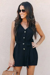Black Belted Button up Summer Romper - Femstylo