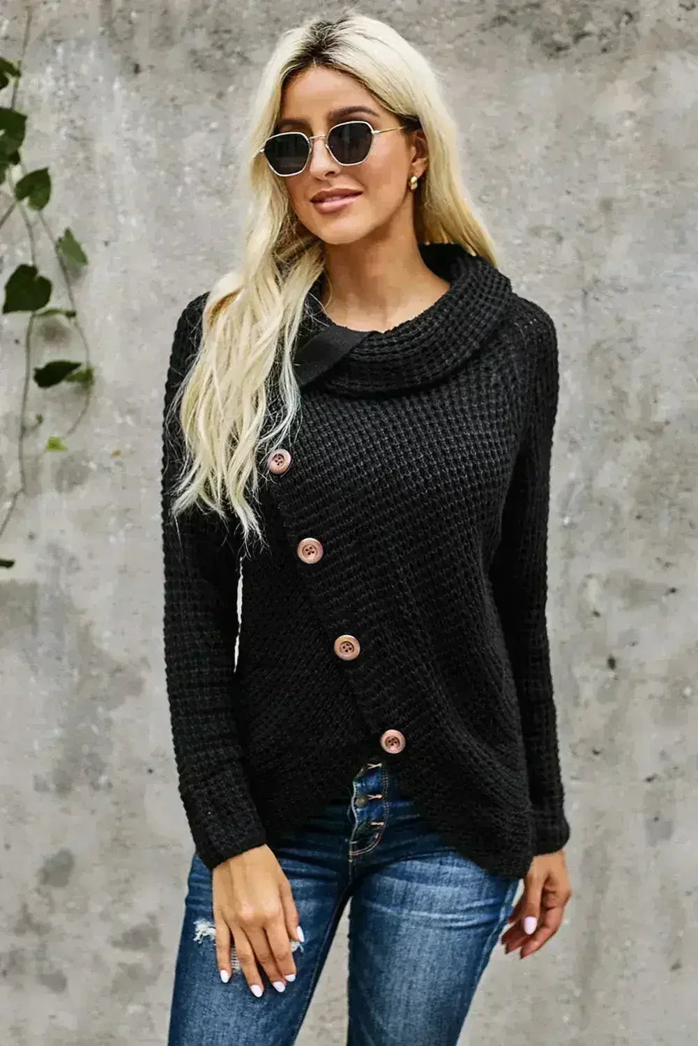 Black Buttoned Wrap Turtleneck Sweater - Femstylo