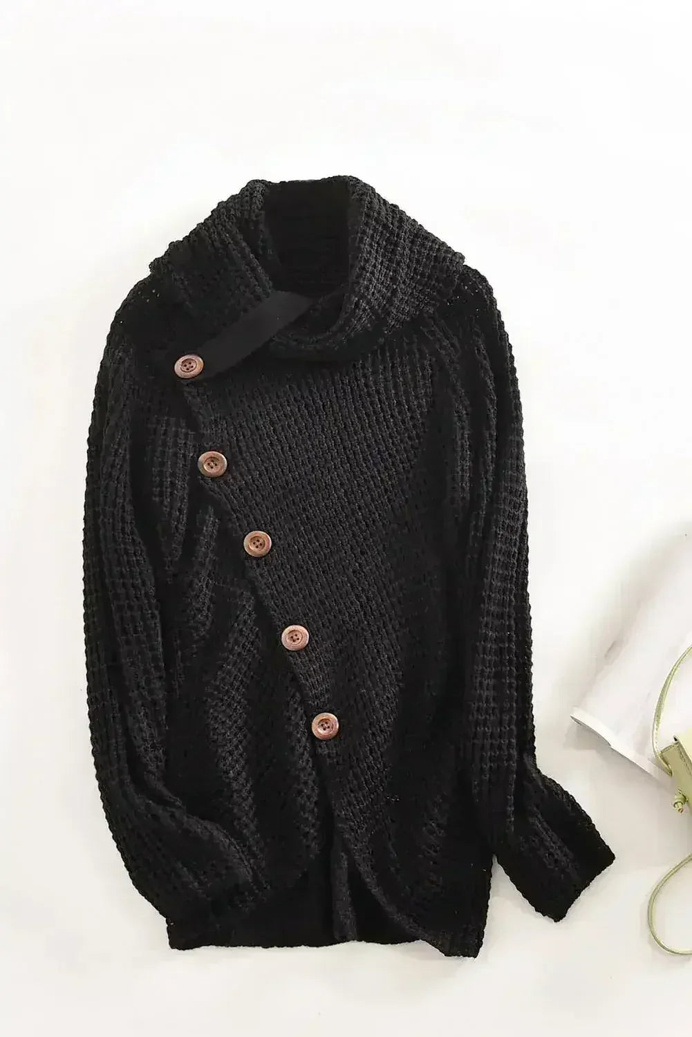 Black Buttoned Wrap Turtleneck Sweater - Femstylo