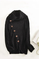 Black Buttoned Wrap Turtleneck Sweater - Femstylo