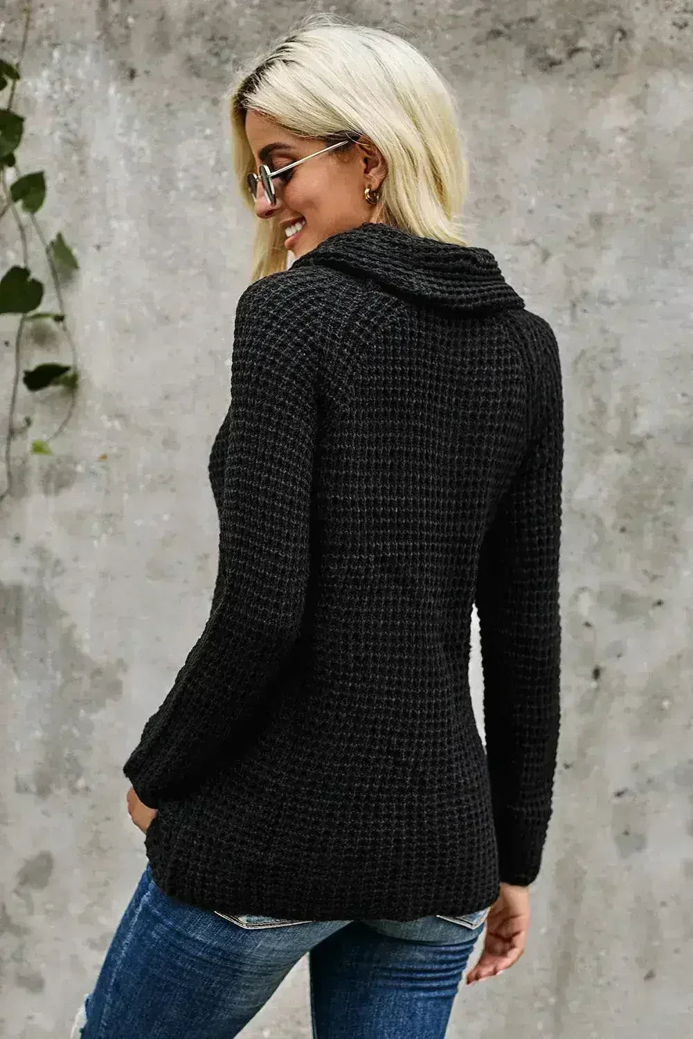 Black Buttoned Wrap Turtleneck Sweater - Femstylo