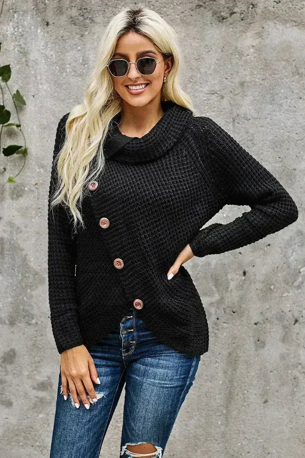 Black Buttoned Wrap Turtleneck Sweater - Femstylo