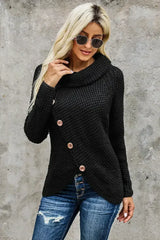 Black Buttoned Wrap Turtleneck Sweater - Femstylo